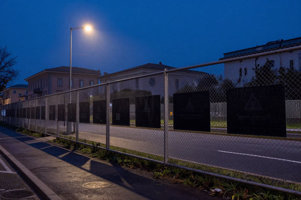 Milan Italy Pre-Dawn Street Scene with Substation Fence and Dewy Warning Placards in in Milan, Italy