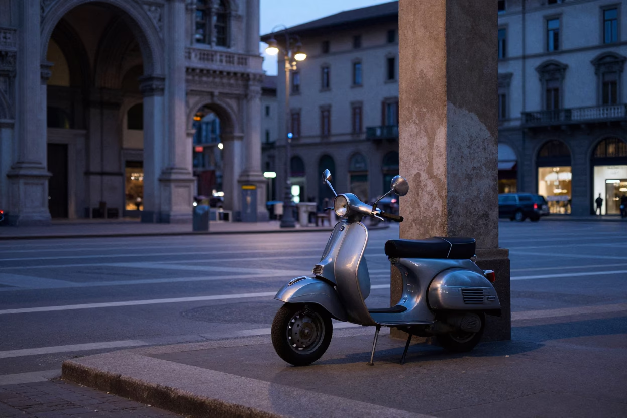 Milan Italy pre-dawn street scene with vintage scooter and historic architecture in in Milan, Italy