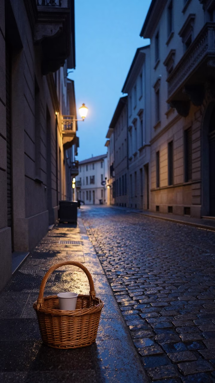 Milan Italy Pre-Dawn Street Scene with Wicker Basket and Coffee Tin in in Milan, Italy