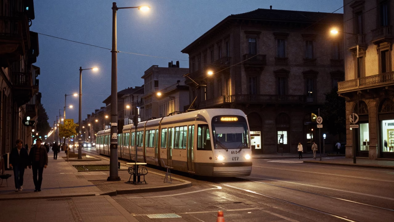 Milan Italy Predawn Street Scene with Monorail and Vintage 1970s Urban Elements in in Milan, Italy