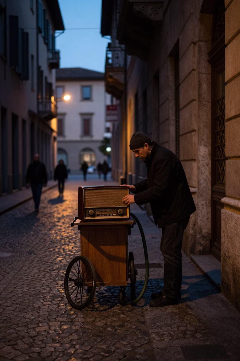 Milan Italy Predawn Street Scene with Vintage Radio and Hose Nozzle in in Milan, Italy