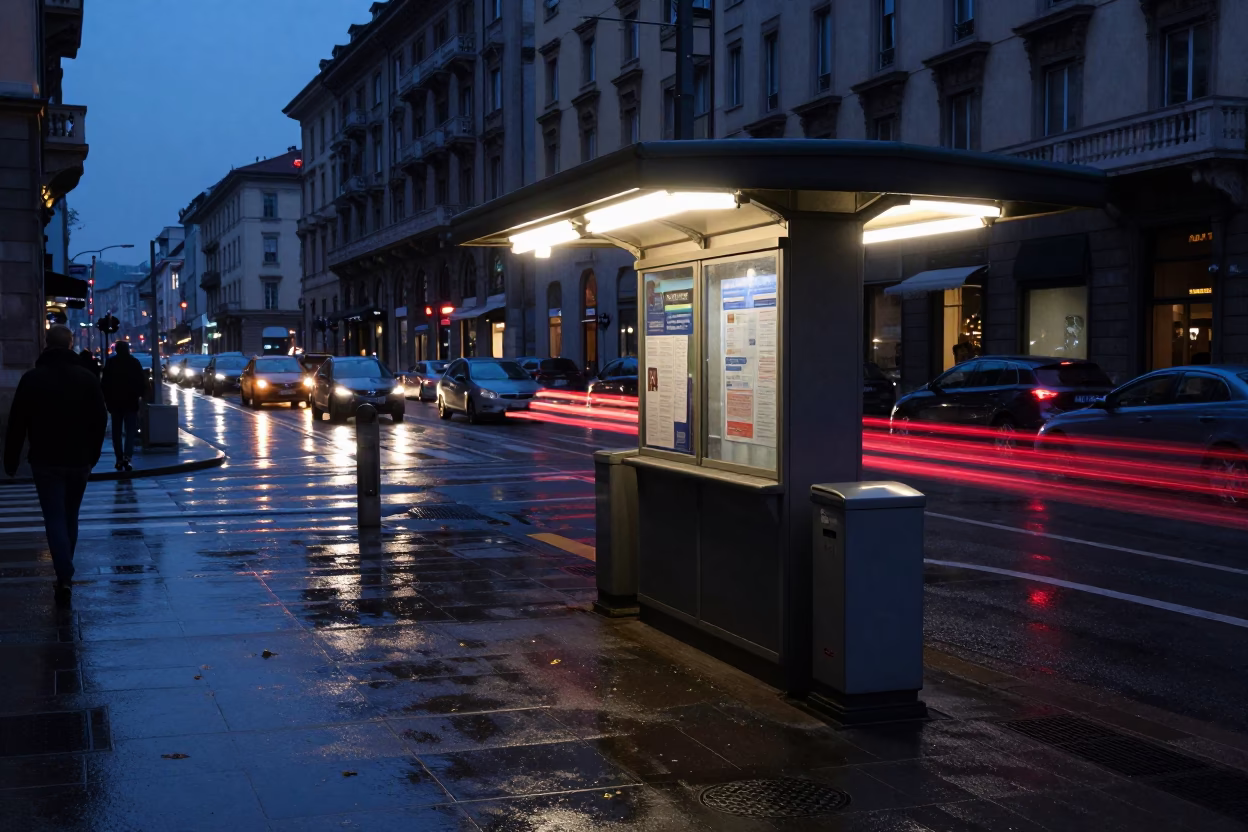 Milan Italy Predawn Valet Stand Under Hotel Awnings with Headlight Streaks in in Milan, Italy