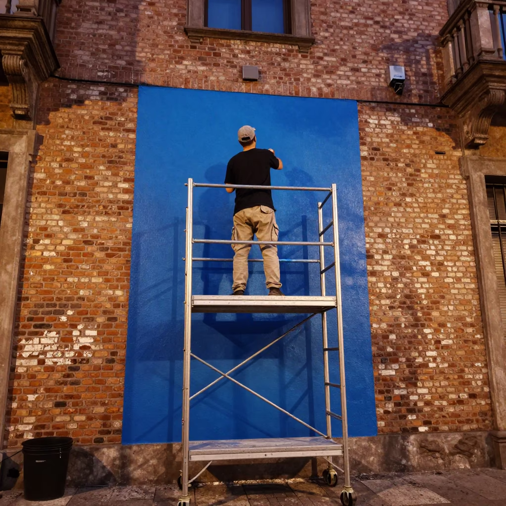 Milan Italy Street Mural Artist Painting Copper Toned Light Before Dusk in in Milan, Italy