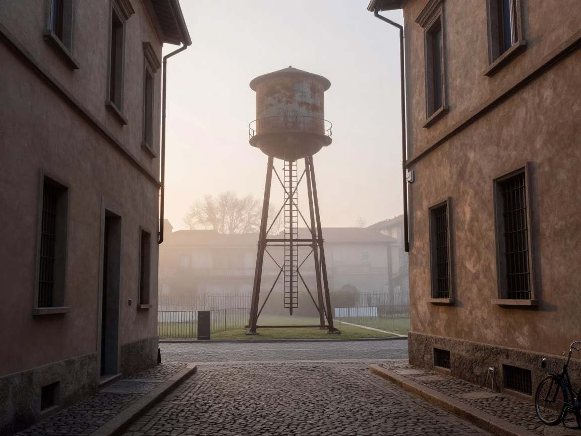 Milan Italy Street Scene After Sunrise with Water Tower Ladder in Mist in in Milan, Italy