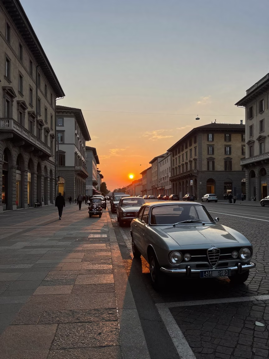 Milan Italy street scene at dusk with vintage cars and historic architecture in in Milan, Italy