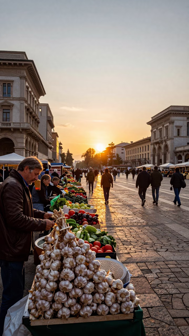 Milan Italy Street Scene at Sunset with Garlic and Leather Ball in in Milan, Italy