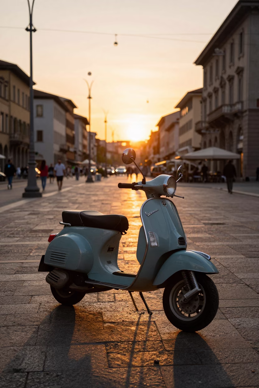 Milan Italy Street Scene at Sunset with Vintage Scooters and Historic Architecture in in Milan, Italy