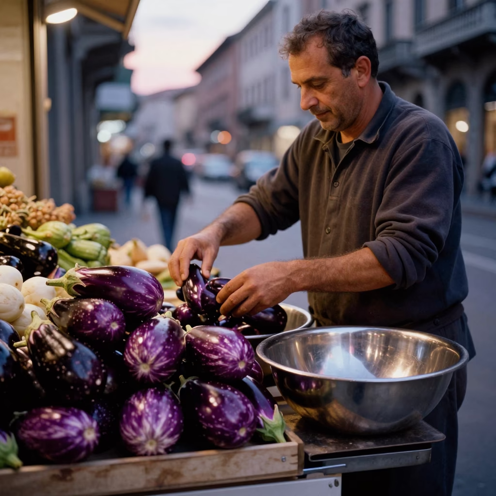 Milan Italy street scene before dusk with eggplants and brushed steel bowl in in Milan, Italy