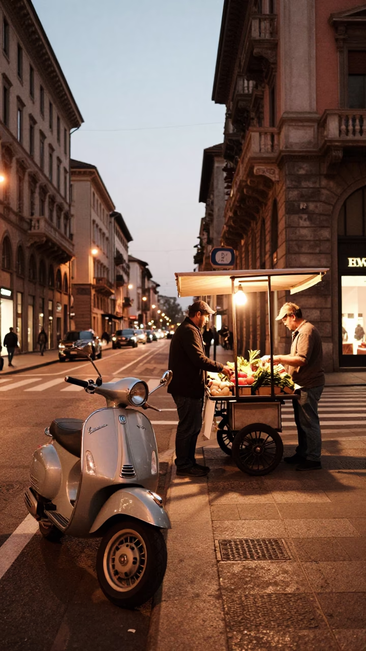 Milan Italy street scene before dusk with vintage Vespa and historic architecture in in Milan, Italy