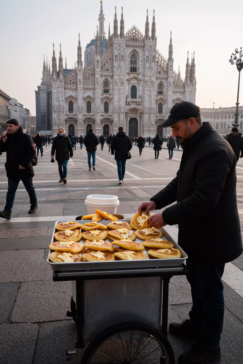 Milan Italy street scene first light revealing local food and daily life in in Milan, Italy