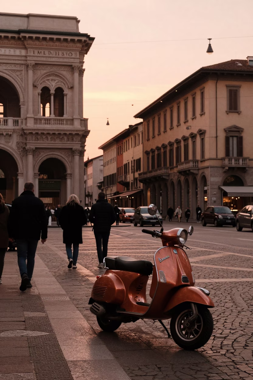 Milan Italy Street Scene in Copper Dusk Light with Vintage 1980s Atmosphere in in Milan, Italy