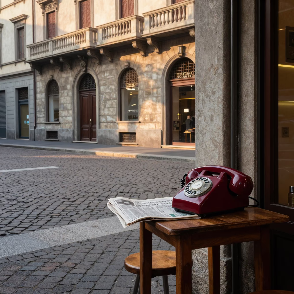 Milan Italy Street Scene Just After Sunrise with Vintage Bakelite Telephone in in Milan, Italy