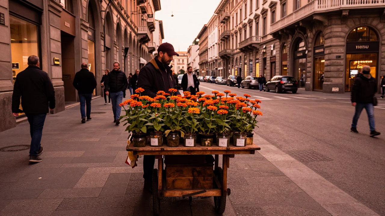 Milan Italy street scene with orange zinnias and glass jar before dusk in in Milan, Italy
