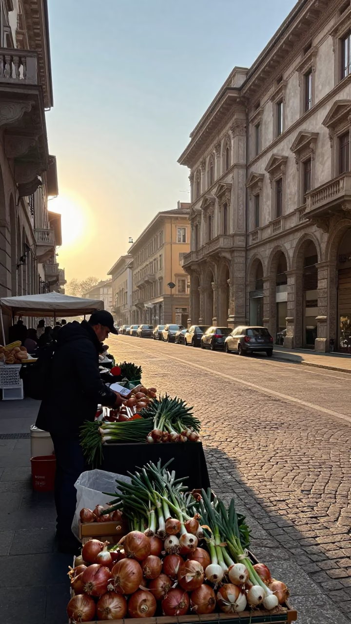Milan Italy Sunrise Street Scene with Onions and Local Market Activity in in Milan, Italy
