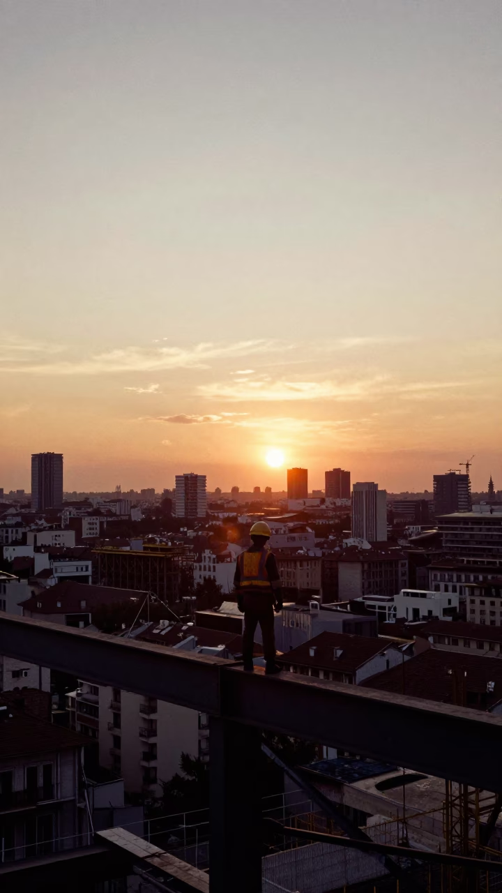 Milan Italy Sunset Skyline with Construction Worker on Steel Beam at Dusk in in Milan, Italy