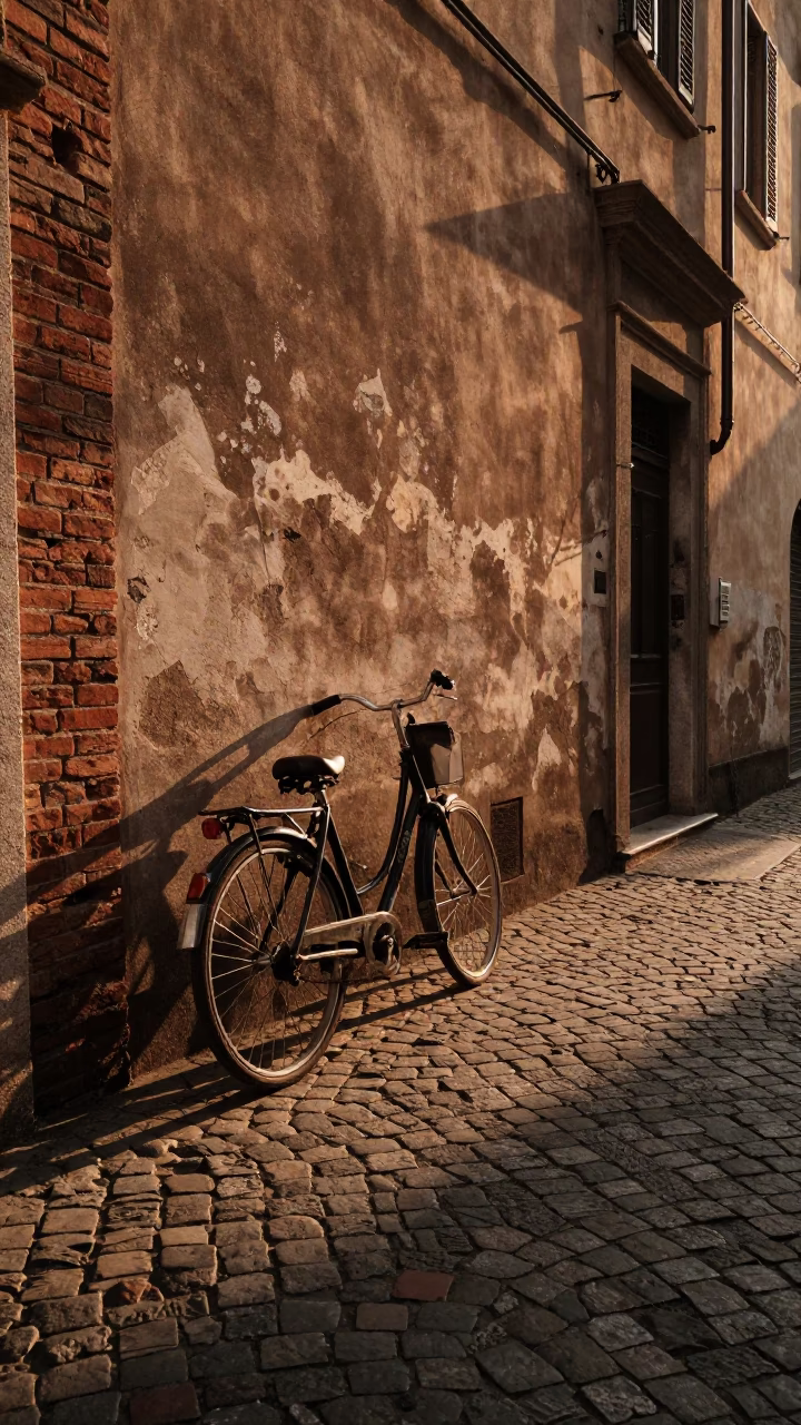 Milan Italy Sunset Street Scene Vintage Bicycle and Cobblestone Alley in in Milan, Italy