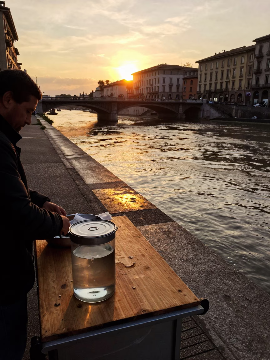Milan Italy Sunset Street Scene with Biscuit Tin and Water Rings on Bucket in in Milan, Italy