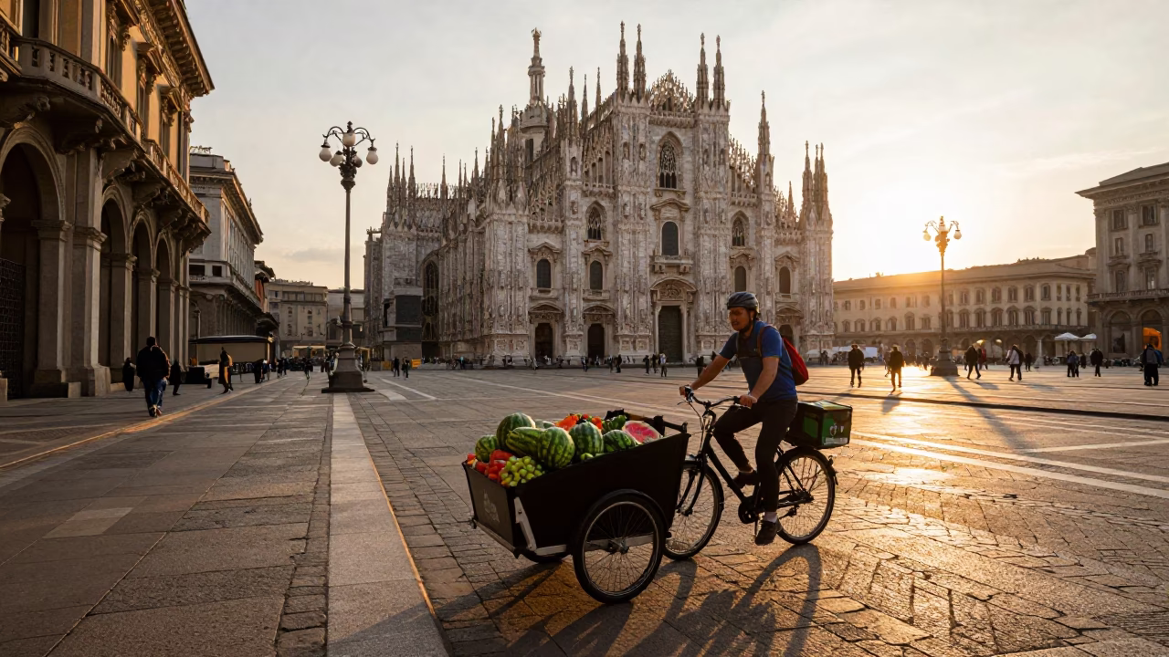 Milan Italy Sunset Street Scene with Cargo Bike and Fruit Knife on Wooden Table in in Milan, Italy