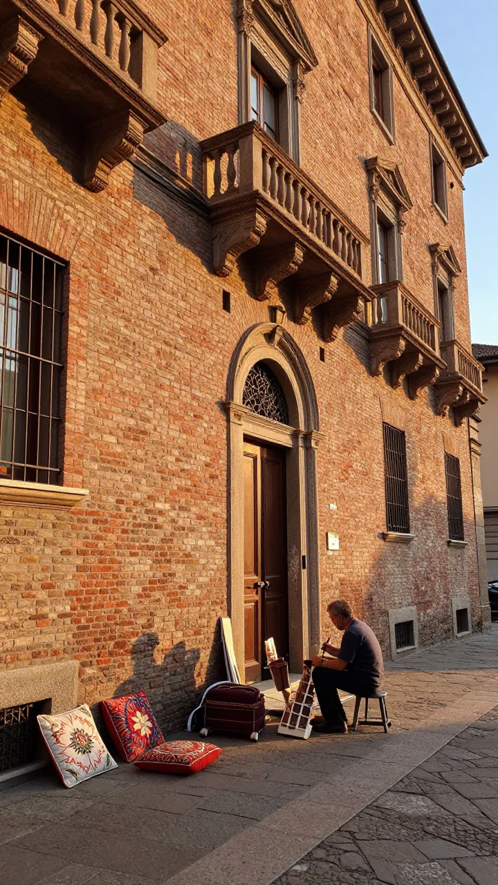 Milan Italy Sunset Street Scene with Embroidered Cushion and Local Architecture in in Milan, Italy