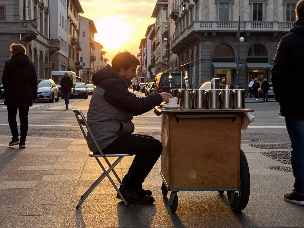Milan Italy Sunset Street Scene with Folding Chair and Tea Kettles on Cobblestone in in Milan, Italy