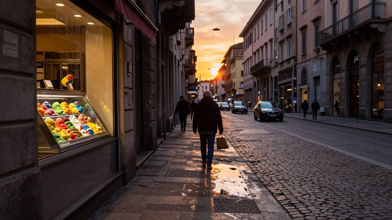 Milan Italy Sunset Street Scene with Gelato Display and Puddle Reflections in in Milan, Italy