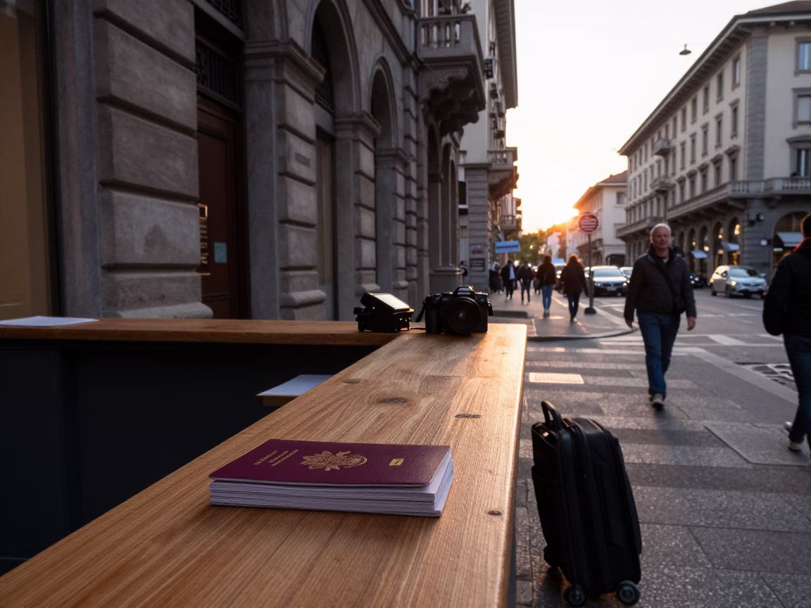 Milan Italy Sunset Street Scene with Reception Desk and Travel Documents in in Milan, Italy