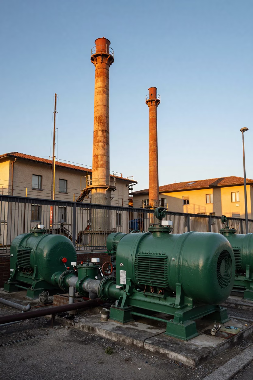 Milan Italy Sunset Street Scene with Sewage Pumping Station and Urban Infrastructure in in Milan, Italy