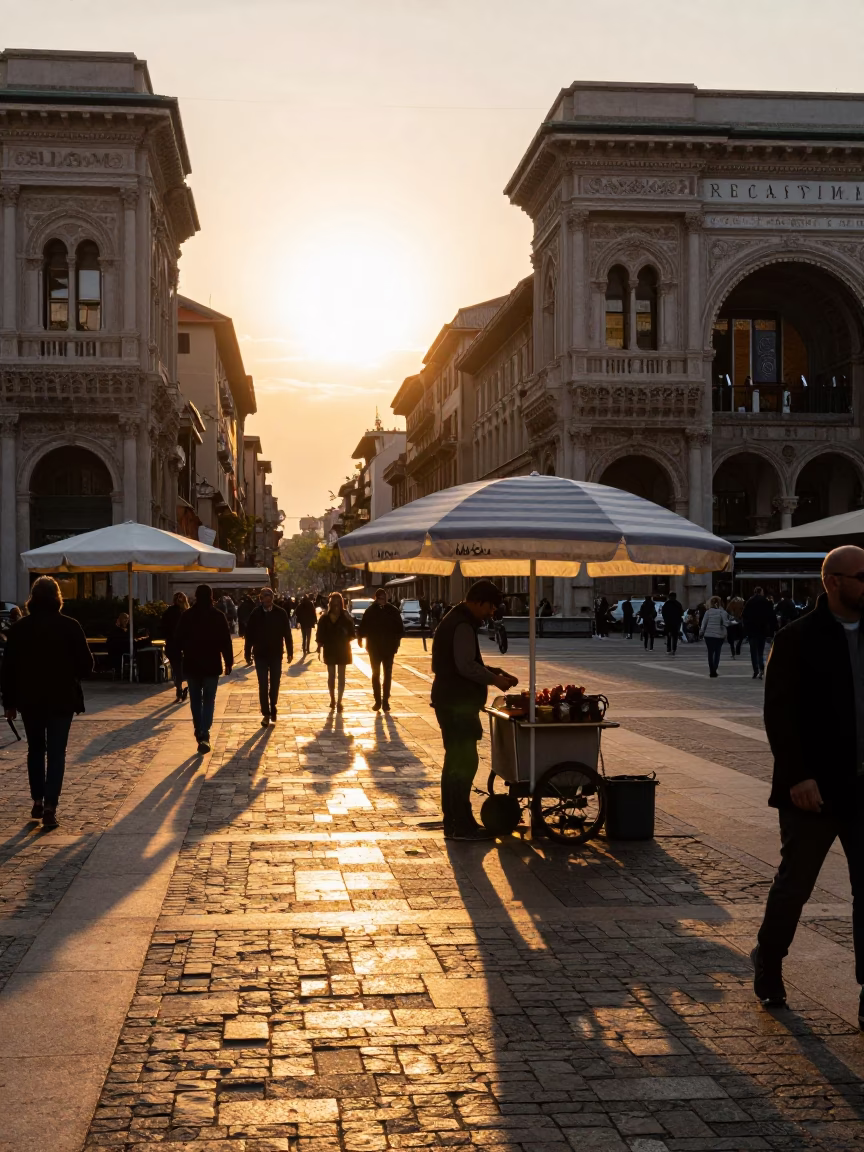 Milan Italy Sunset Street Scene with Umbrellas and Local Life in in Milan, Italy
