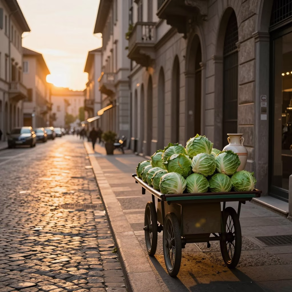 Milan Italy Sunset Street Scene with Vase and Cabbages on Cobblestone in in Milan, Italy