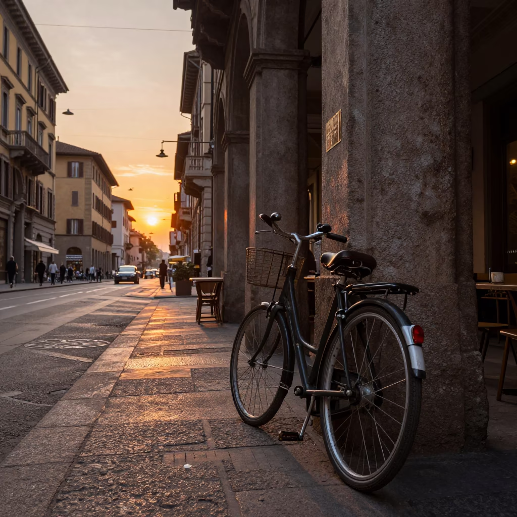 Milan Italy Sunset Street Scene with Vintage Bicycle and Historic Architecture in in Milan, Italy