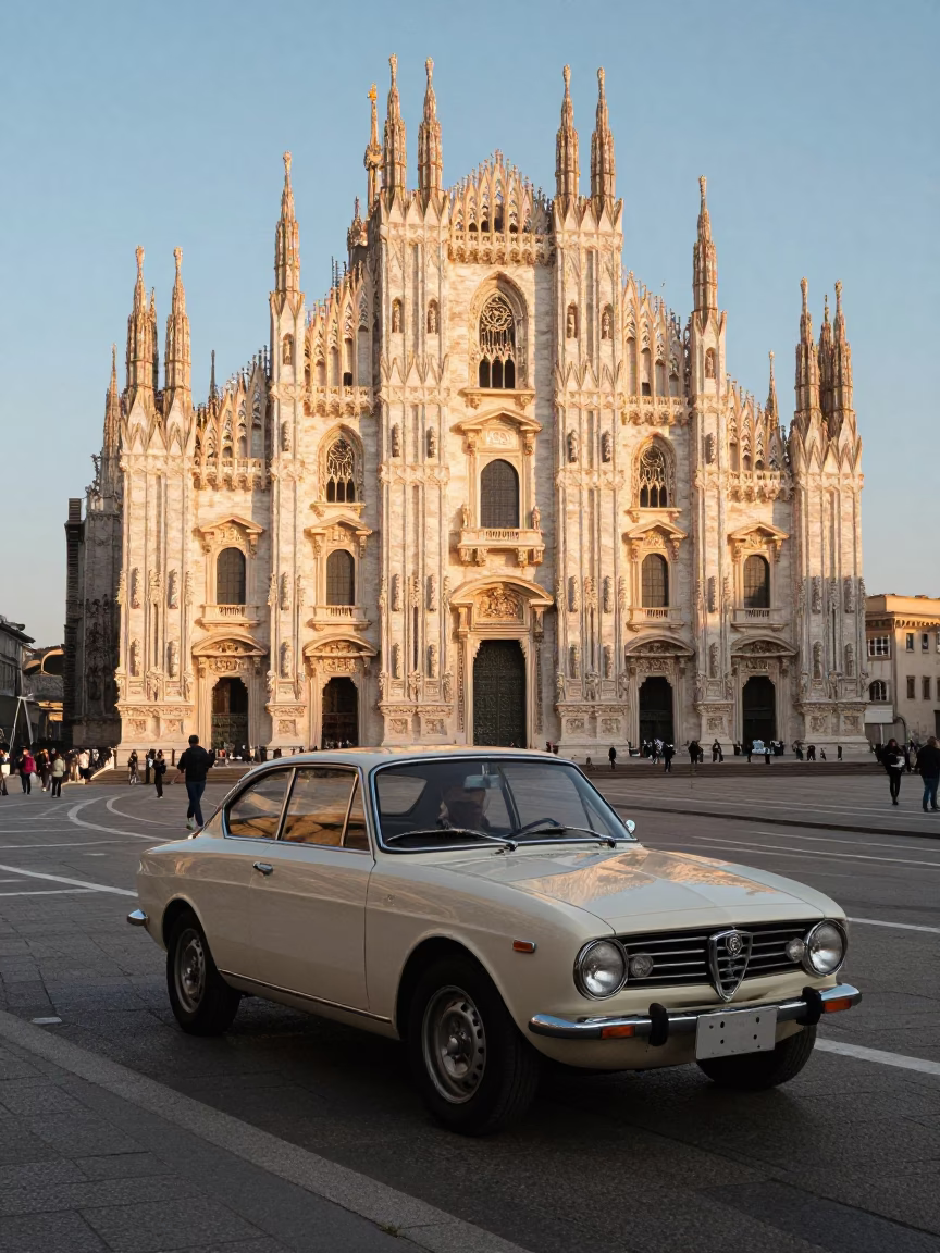 Milan Italy Sunset Street Scene with Vintage Car and Classic Architecture in in Milan, Italy
