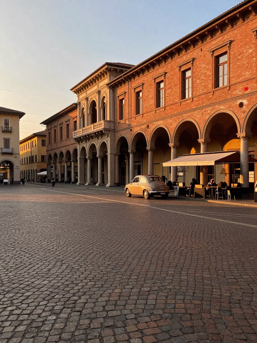 Milan Italy Sunset Street Scene with Vintage Car and Local Life in in Milan, Italy