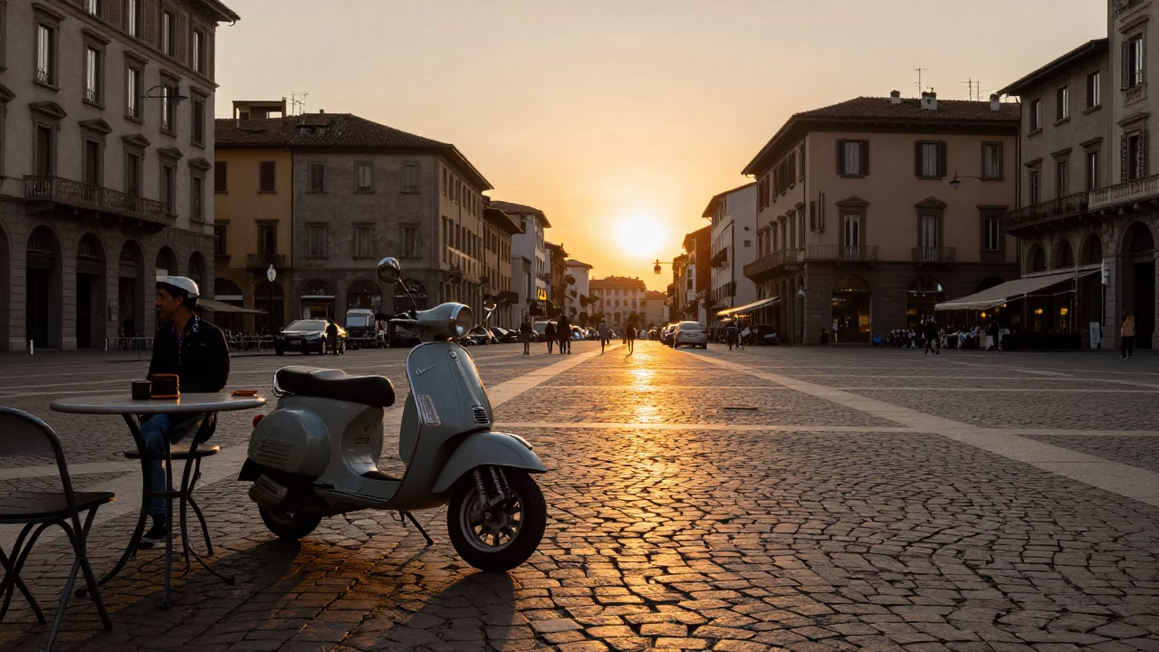 Milan Italy Sunset Street Scene with Vintage Scooter and Local Cafe Culture in in Milan, Italy