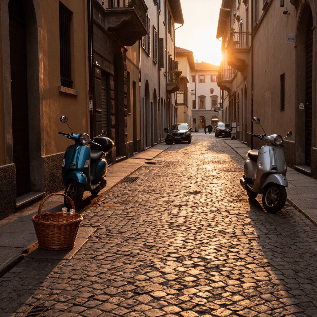 Milan Italy Sunset Street Scene with Wicker Basket and Glass Bottles on Cobblestone in in Milan, Italy