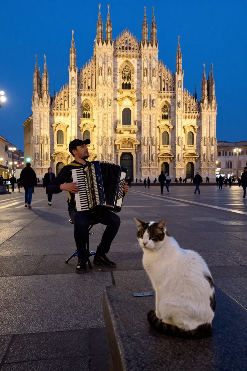 Milan Italy Twilight Street Scene with Accordion Player and Peterbald Cat in in Milan, Italy
