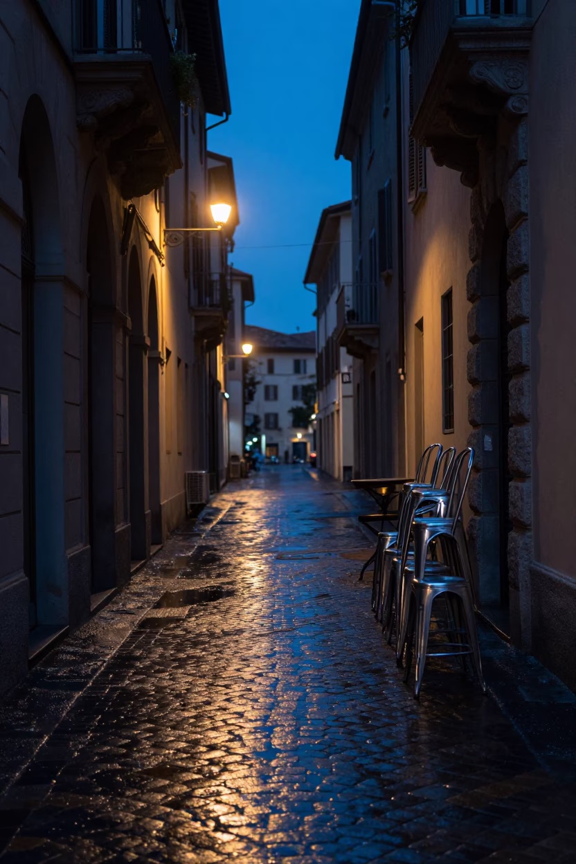 Milan Italy Twilight Street Scene with Blueberries and Bar Stools in in Milan, Italy