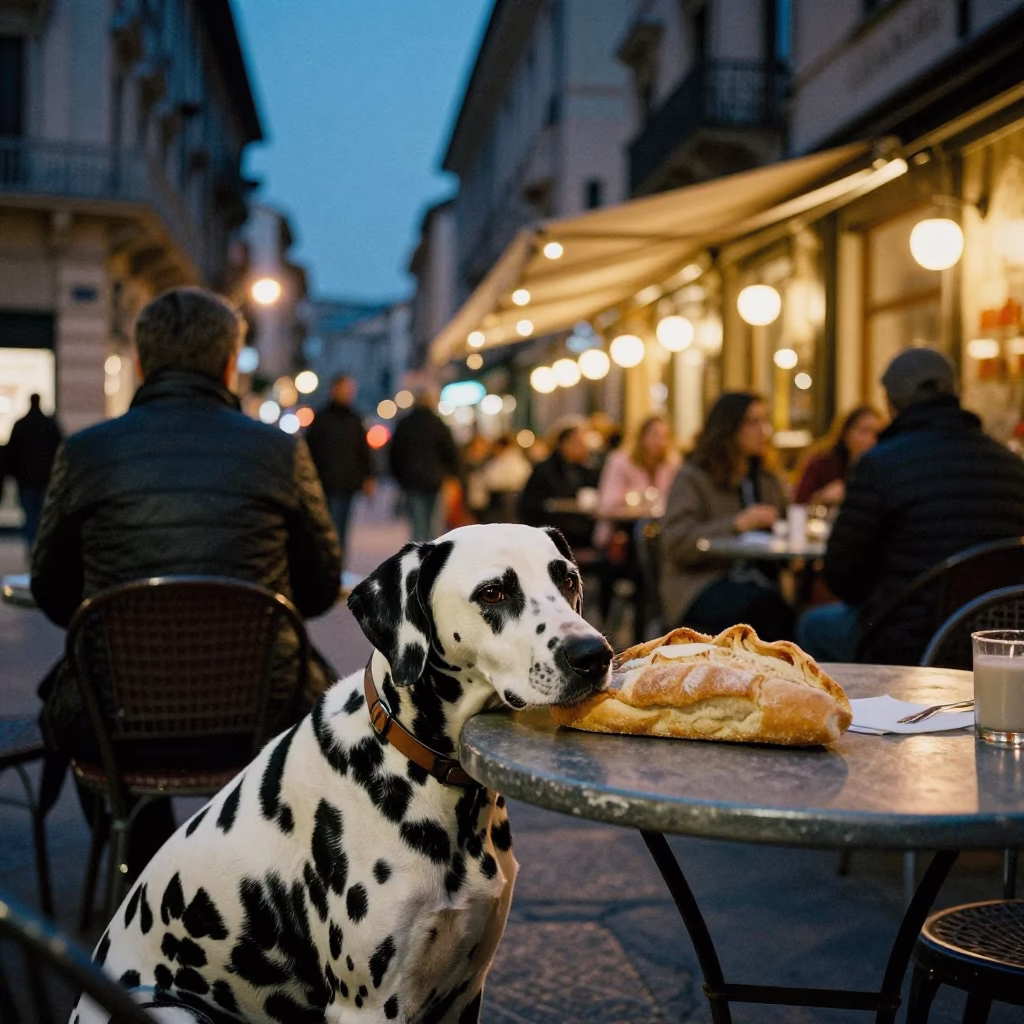 Milan Italy Twilight Street Scene with Dalmatian Dog and Bread Knife on Table in in Milan, Italy