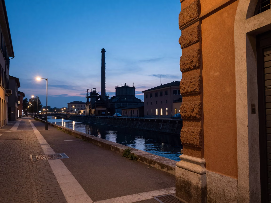 Milan Italy Twilight Street Scene with Deadbolt Detail and Canal Pumping Station in in Milan, Italy