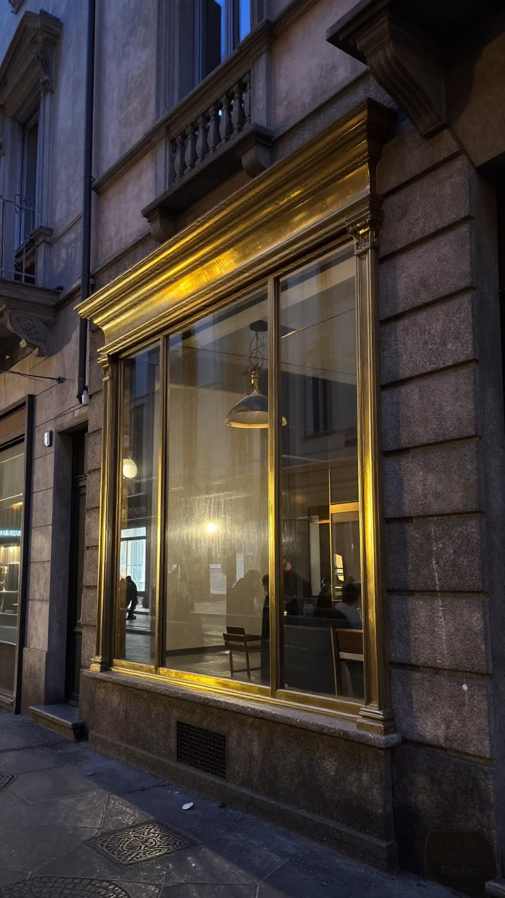 Milan Italy Twilight Street Scene with Polished Brass Window Glass and Urban Architecture in in Milan, Italy