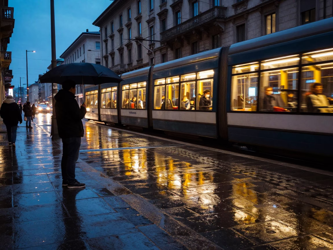 Milan Italy Twilight Street Scene with Tram Reflection and Umbrella Vendor in in Milan, Italy