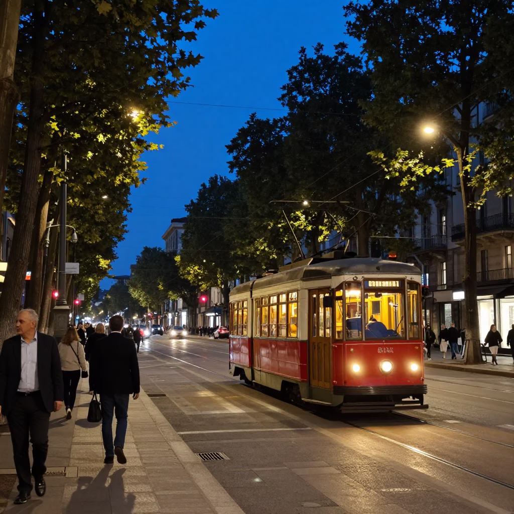 Milan Italy Twilight Street Scene with Tramcar on Tree Lined Boulevard in in Milan, Italy