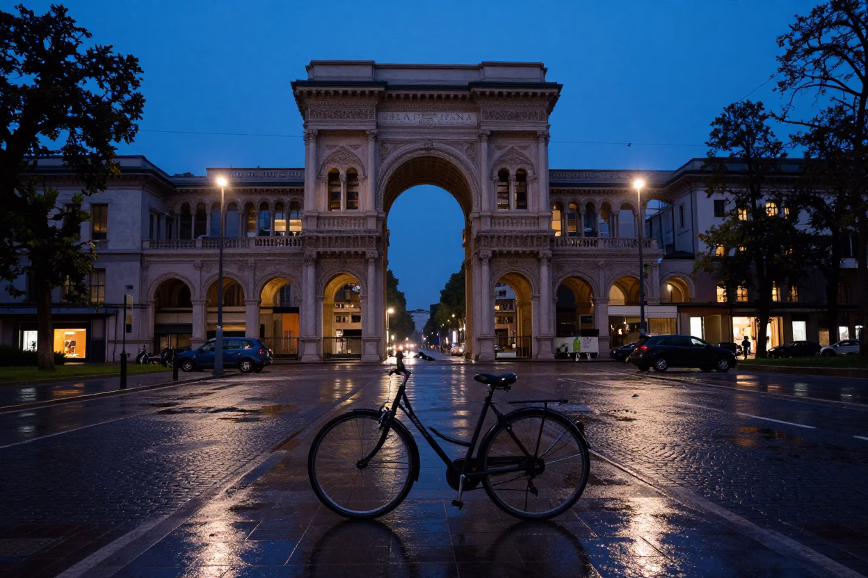 Milan Italy Twilight Street Scene with University Archway and Wet Bicycle Rack in in Milan, Italy