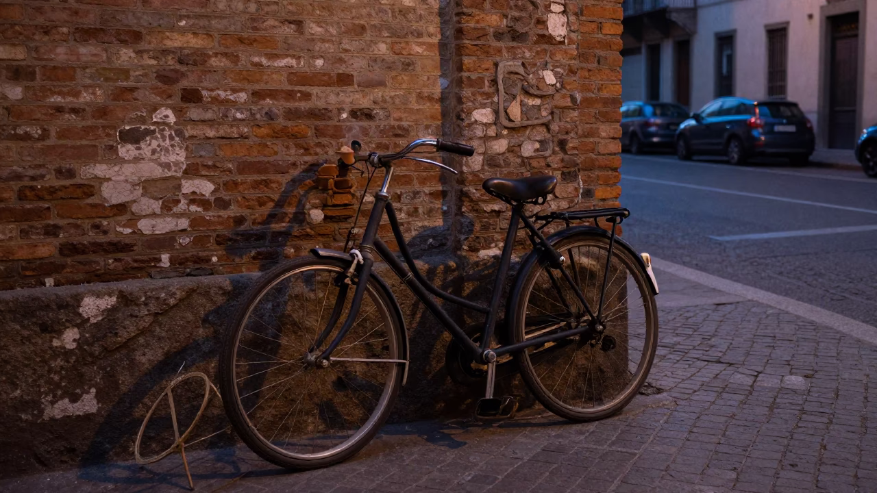 Milan Italy Twilight Street Scene with Vintage Bicycle and Clay Cup in in Milan, Italy