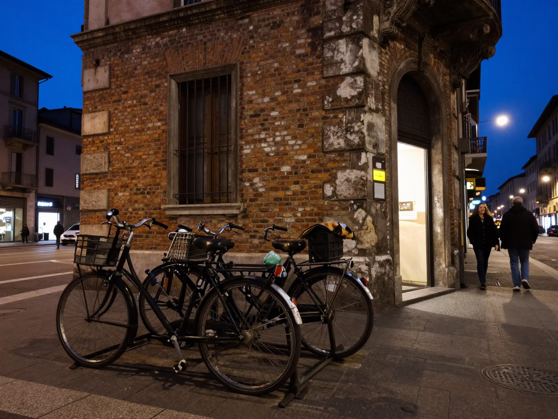 Milan Italy Twilight Street Scene with Vintage Bicycle Rack and Red Brick Architecture in in Milan, Italy
