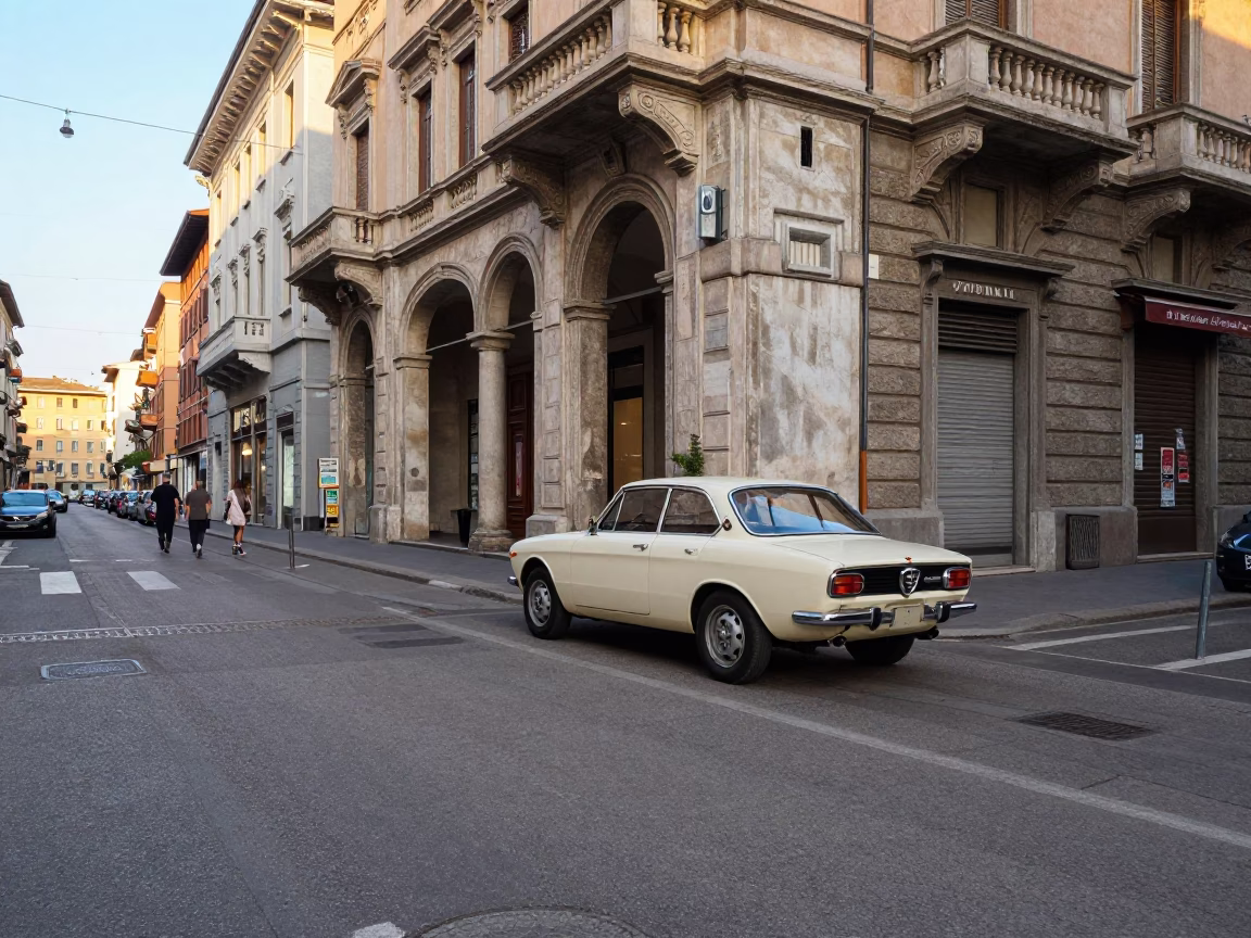 Milan Late Afternoon Street Scene with Vintage Car and Pedestrians in in Milan, Italy