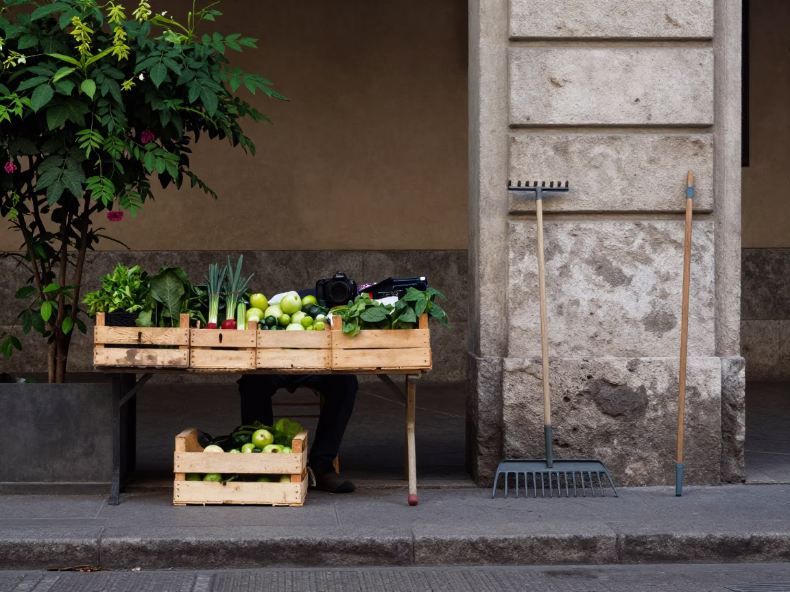 Milan Late Morning Street Scene with Garden Rake and Rosemary Sprigs in 1950s Style in in Milan, Italy