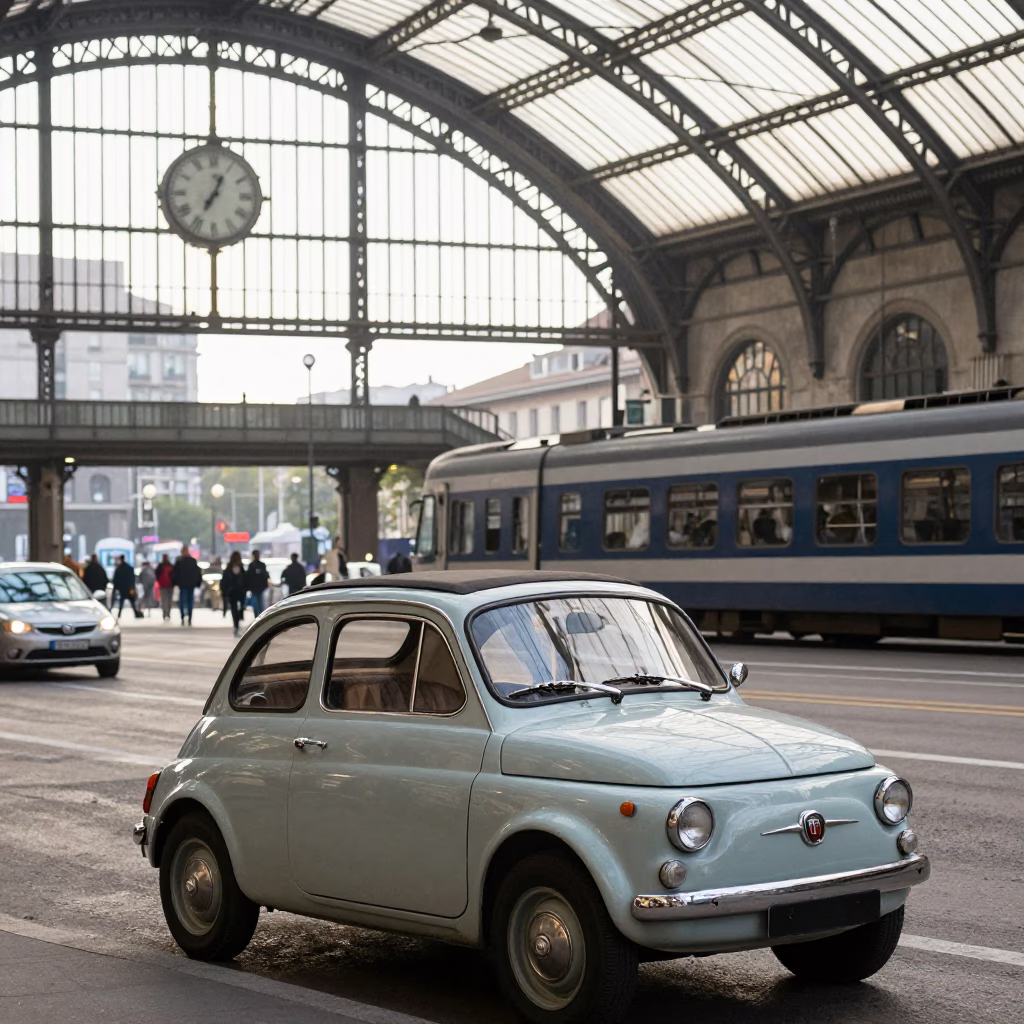 Milan Late Morning Street Scene with Vintage Car and Train Station Clock in in Milan, Italy