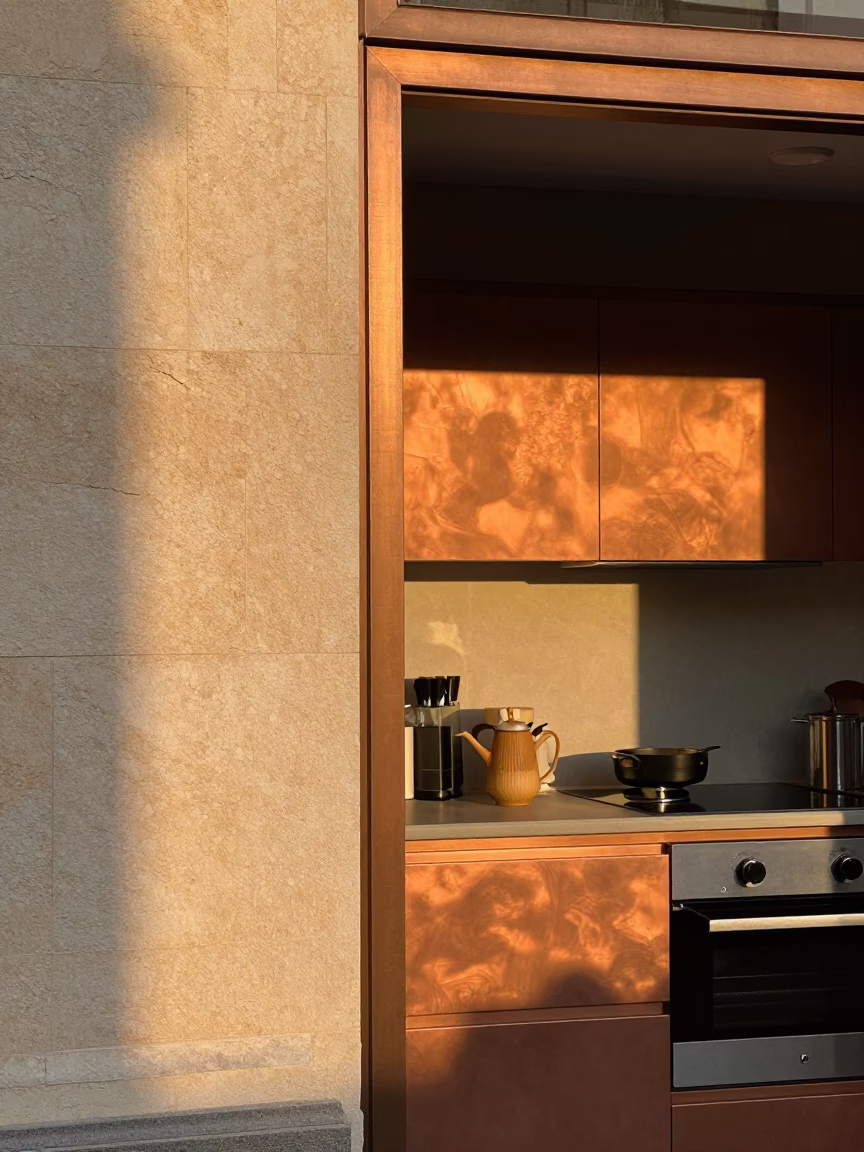 Milan Light Kitchen at Copper-toned Light Before Dusk in in Milan, Italy