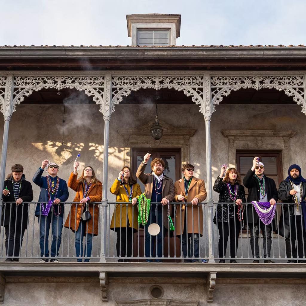 Milan Mardi Gras Krewe Beads from Balcony in in a ceremonial alcove in Milan
