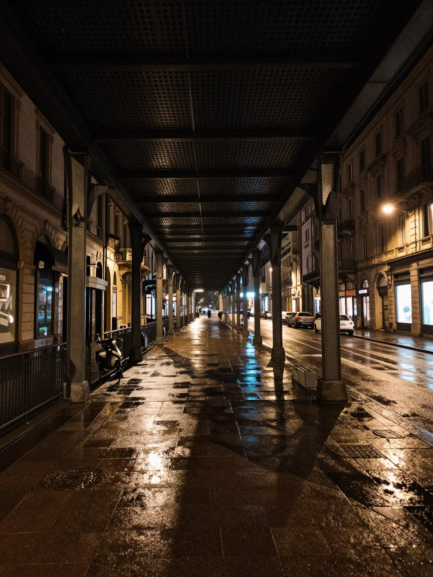 Milan Midnight Street Scene with Perforated Metal Overpass and Wet Footsteps Reflecting Neon Lights in in Milan, Italy